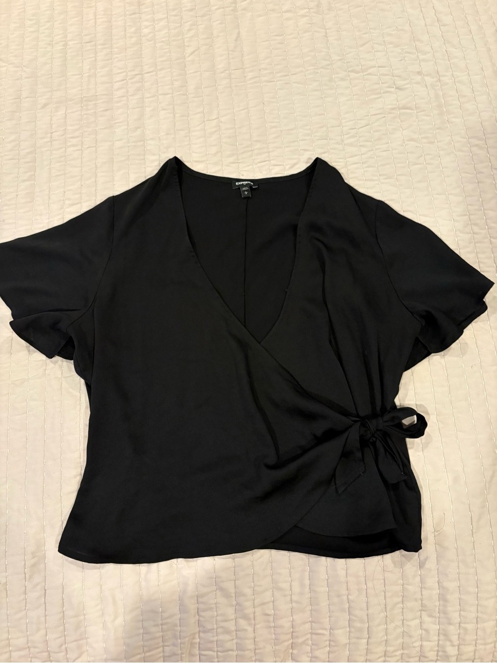 Express Black Short Sleeve Wrap Tie Blouse